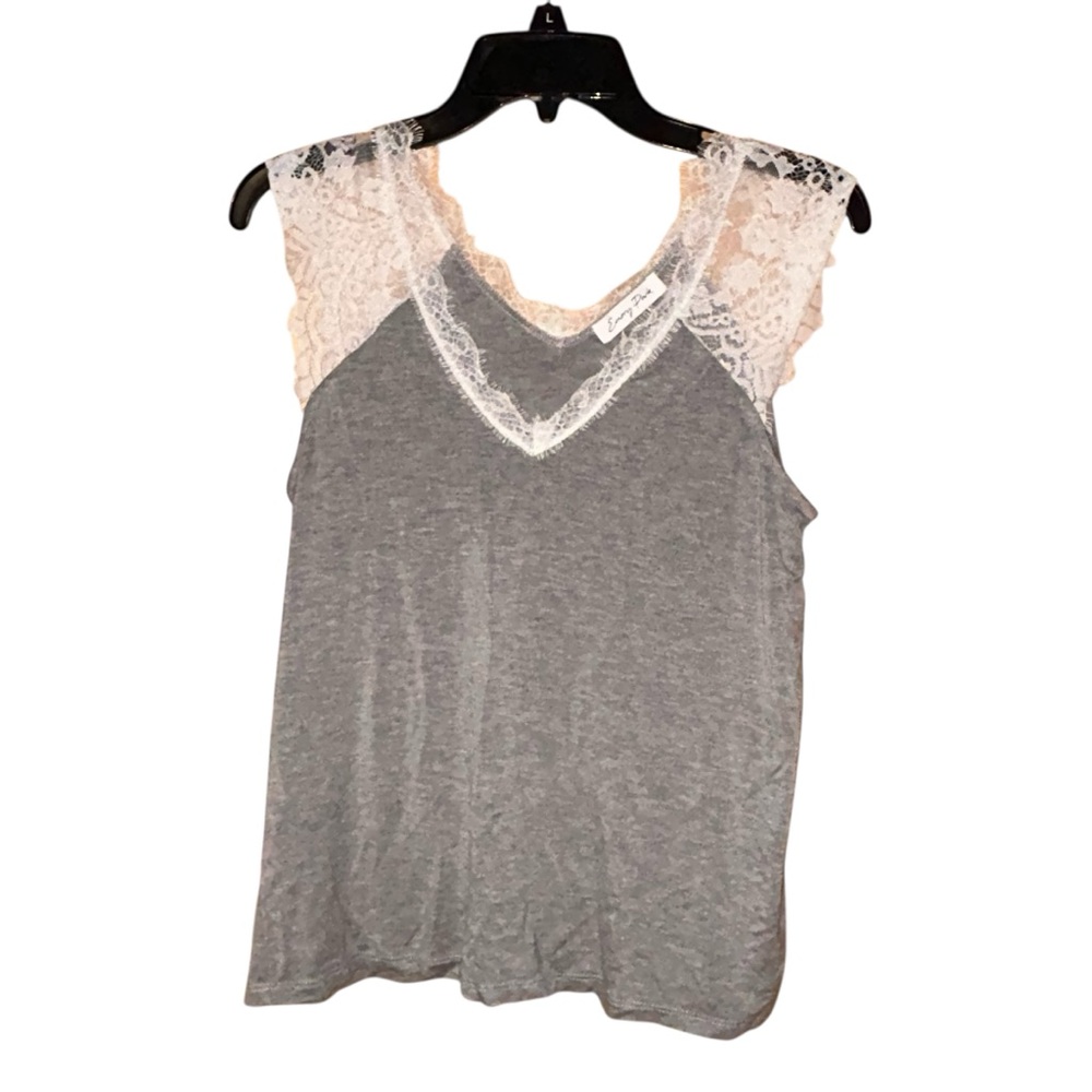 Emory Park‎ Womens Lace Trim Sleeveless Top Gray V Neck Layer USA Made XS